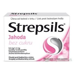 Strepsils Jahoda bez cukru na bolesť hrdla 24 pastiliek