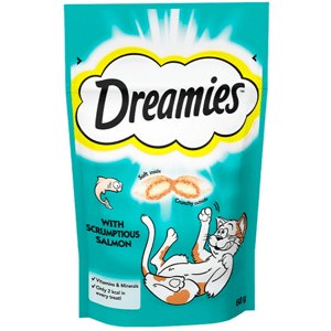 Maškrta DREAMIES pre mačky s lososom 6x60g