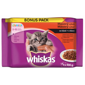 WHISKAS kapsičky pre mačky Junior mäsový výber (kura,hovädzie,jahňa,králik) v šťave 4x85g